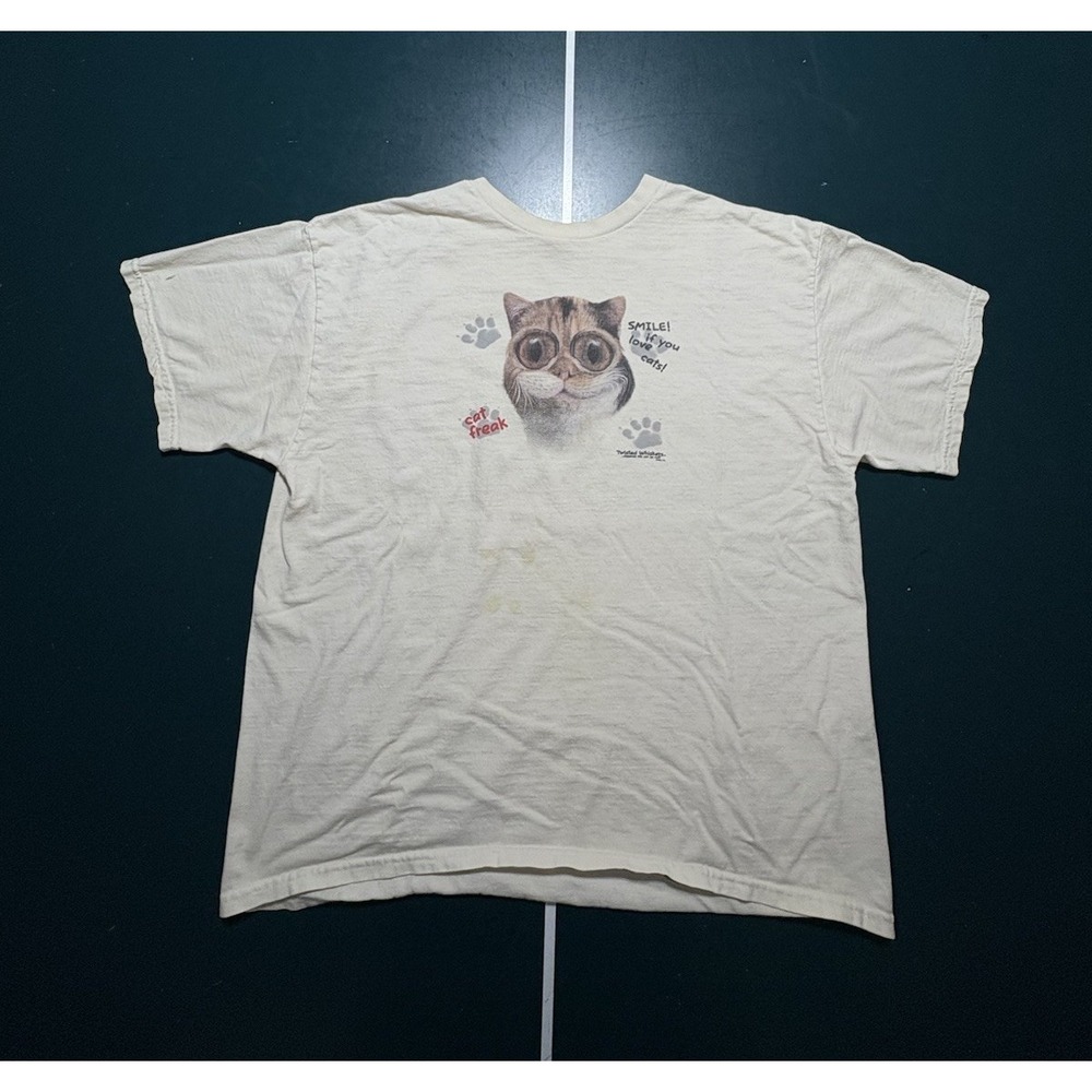 Vintage Cat Graphic T Shirt Adult XL White Cat Freak 90s Stains*